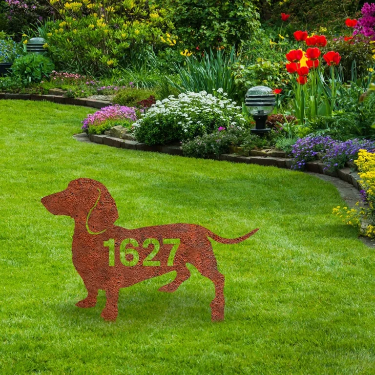 Custom Address Dachshund Dog Rustic Metal Garden Art, Dachshund, Wiener Dog Iron Yard Accent