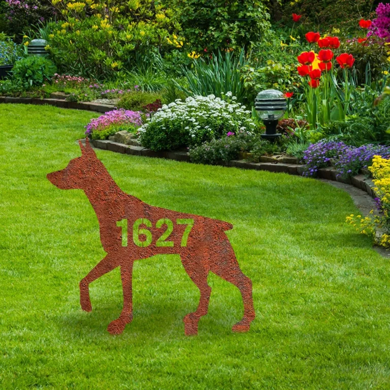 Personalized Address Number Dorberman Pinscher Dog Rusty Metal Garden Sign, Dorberman Pinscher Metallic Stake