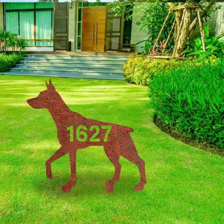 Personalized Address Number Dorberman Pinscher Dog Rusty Metal Garden Sign, Dorberman Pinscher Metallic Stake