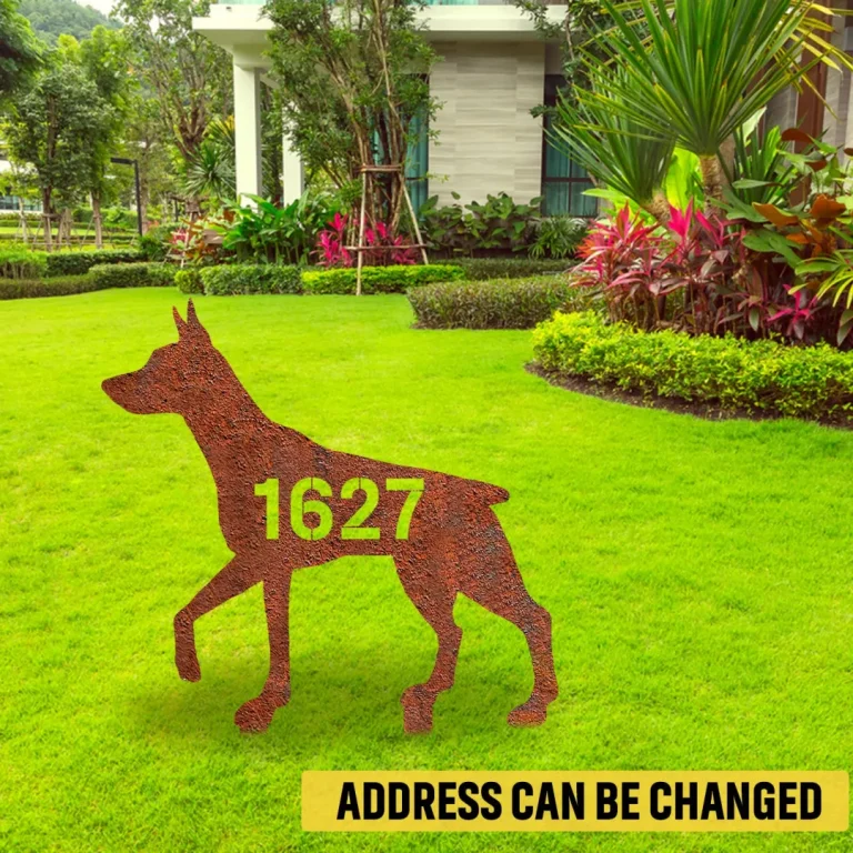 Personalized Address Number Dorberman Pinscher Dog Rusty Metal Garden Sign, Dorberman Pinscher Metallic Stake
