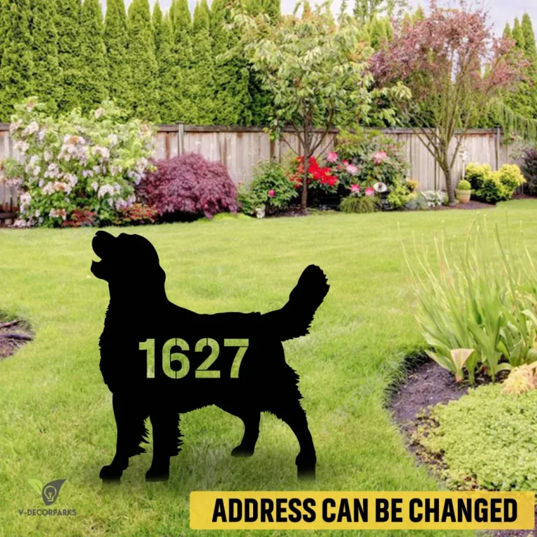 Personalized Address Number Golden Retriever Dog Metal Garden Art, Golden Retriever Large Stake