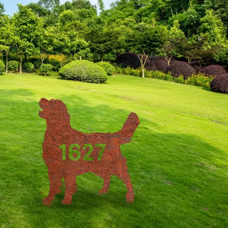 Personalized Address Number Golden Retriever Dog Rusty Metal Garden Art, Golden Retriever Monogram Accent
