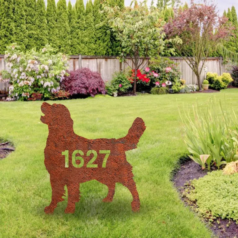 Personalized Address Number Golden Retriever Dog Rusty Metal Garden Art, Golden Retriever Monogram Accent