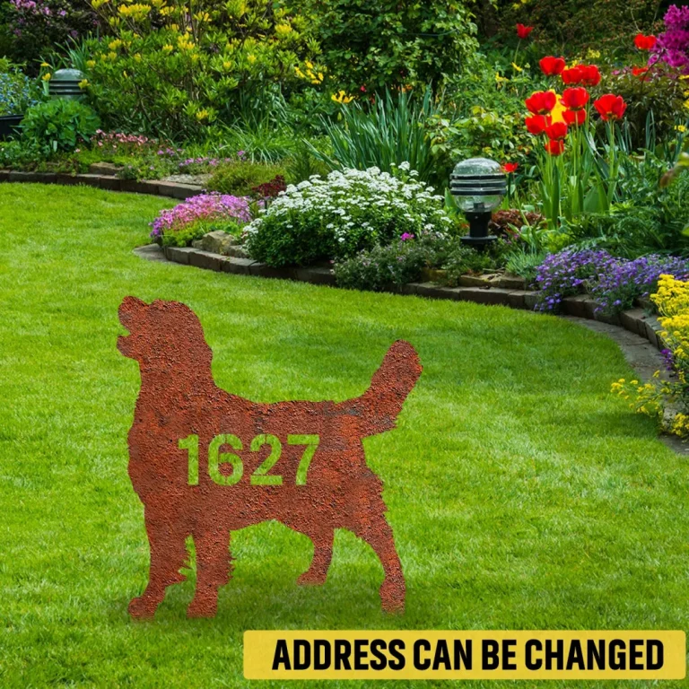 Personalized Address Number Golden Retriever Dog Rusty Metal Garden Art, Golden Retriever Monogram Accent
