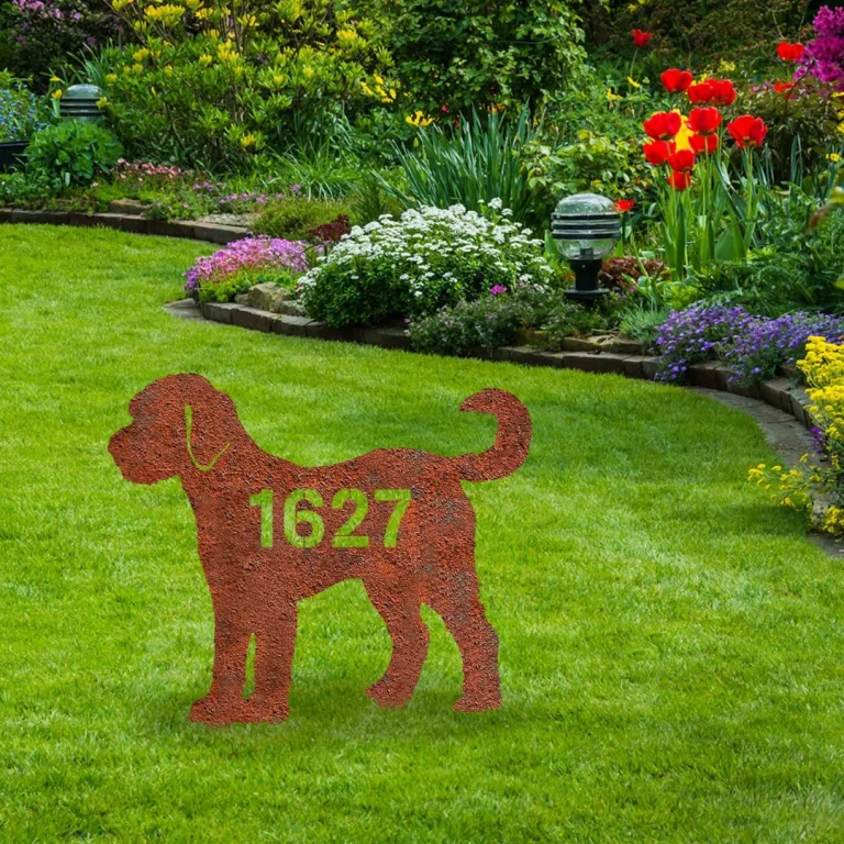 Customized Address Goldendoodle Dog Rusty Metal Garden Sign, Goldendoodle Modern Stake
