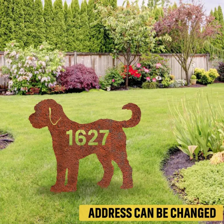 Customized Address Goldendoodle Dog Rusty Metal Garden Sign, Goldendoodle Modern Stake