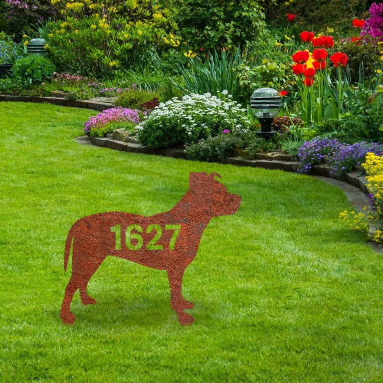 Custom Address Number American Pit Bull Dog Rusted Metal Garden Sign, Staffordshire Bull Terrier Outdoor Accent