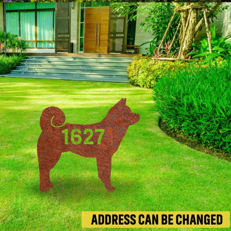 Personalized Address Number Shiba Inu Dog Rustic Metal Garden Sign, Shiba Inu Puppy Plasma Outer Stake