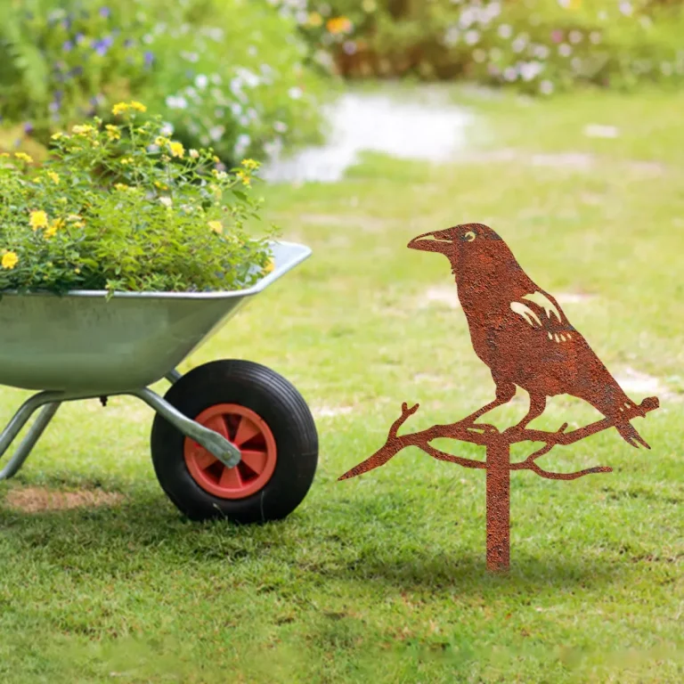 Rusted Crow On Branch Metal Garden Decoration, American Crow Weatherproof Accent