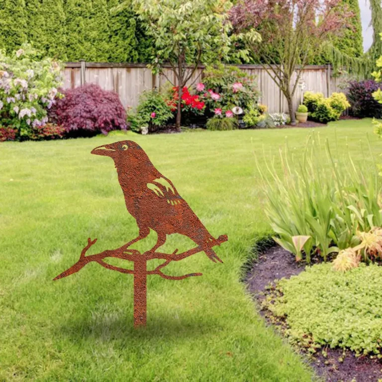 Rusted Crow On Branch Metal Garden Decoration, American Crow Weatherproof Accent