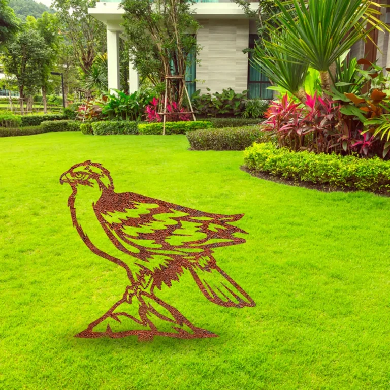 Rustic Hawk On Stone Metal Garden Sign, Hawk On Stone Cut Stake
