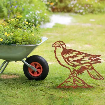Rustic Hawk On Stone Metal Garden Sign, Hawk On Stone Cut Stake