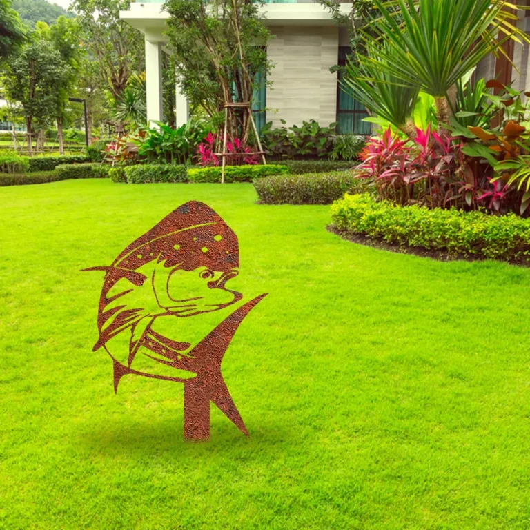 Rusty Mahi Mahi Dolphin Metal Garden Sign, Mahi Mahi Yard Sculpture