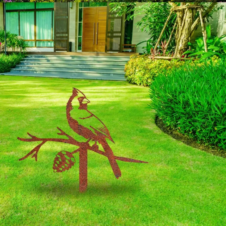 Rustic Northern Cardinal Bird Metal Garden Decoration, Red Cardinal Exterior Accent For Christmas