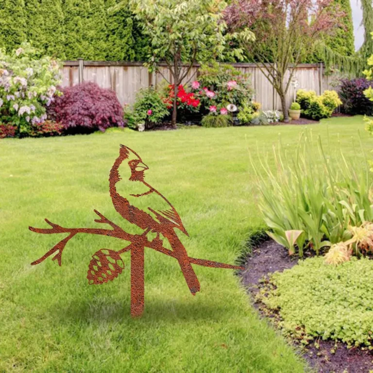 Rustic Northern Cardinal Bird Metal Garden Decoration, Red Cardinal Exterior Accent For Christmas