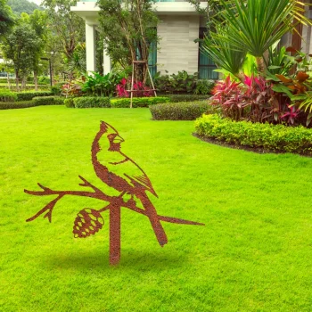 Rustic Northern Cardinal Bird Metal Garden Decoration, Red Cardinal Exterior Accent For Christmas