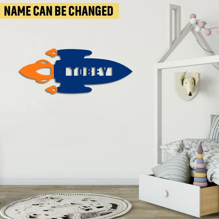 Personalized Rocket Metal Wall Decoration, Rocket Modern Nursery Decor For Son