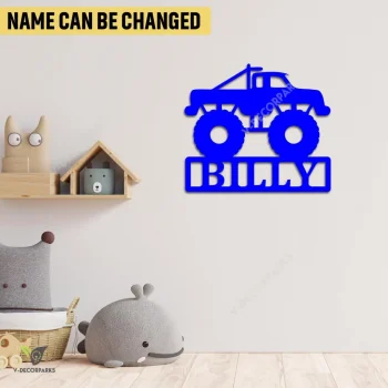 Customized Monster Truck Racing Metal Sign, Monster Truck Nursery Metallic Decoration