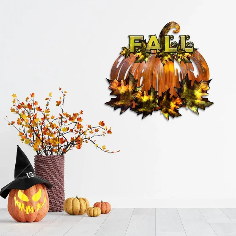 Pumpkin With Maple Leaves Fall Metal Art, Autumn Colored Hanging Decor