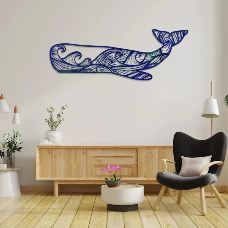 Blue Sperm Whale With Waves Metal Art, Blue Sperm Whale Home Artwork