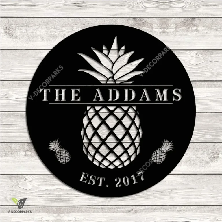 Personalized Name And Date Pineapple Circle Metal Art, Pineapple Evergreen Kitchen Accent
