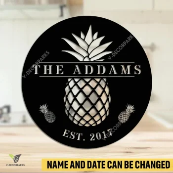 Personalized Name And Date Pineapple Circle Metal Art, Pineapple Evergreen Kitchen Accent