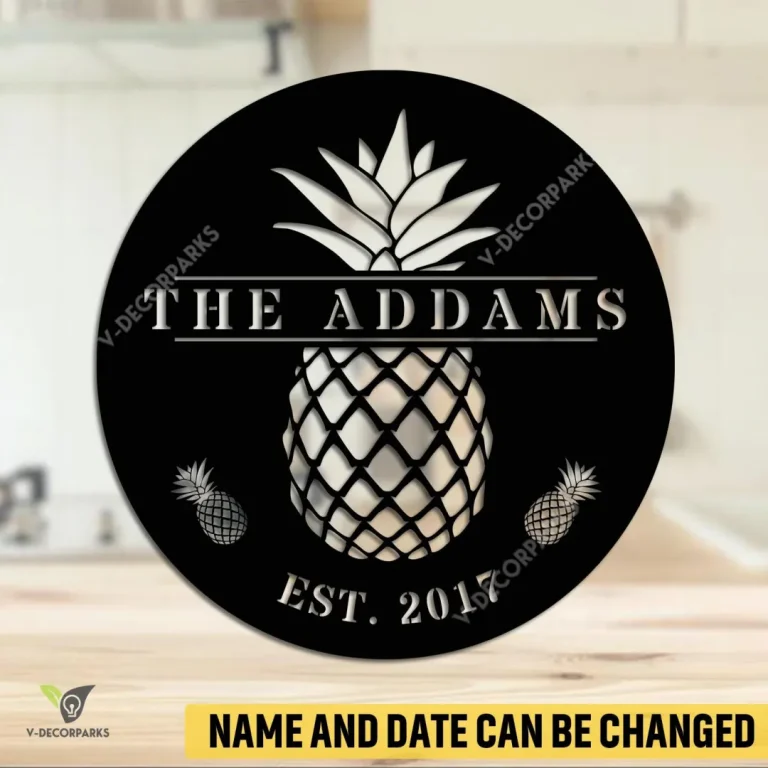 Personalized Name And Date Pineapple Circle Metal Art, Pineapple Evergreen Kitchen Accent