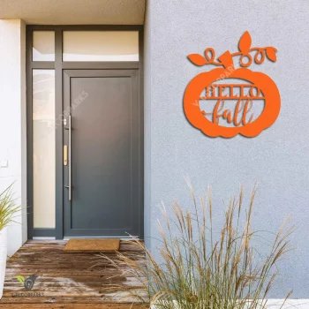 Hello Fall Pumpkin Metal Sign, Hello Fall Orange Color Metallic Door Hanging