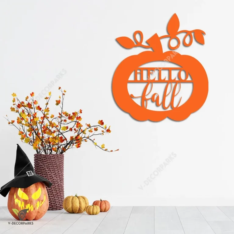 Hello Fall Pumpkin Metal Sign, Hello Fall Orange Color Metallic Door Hanging