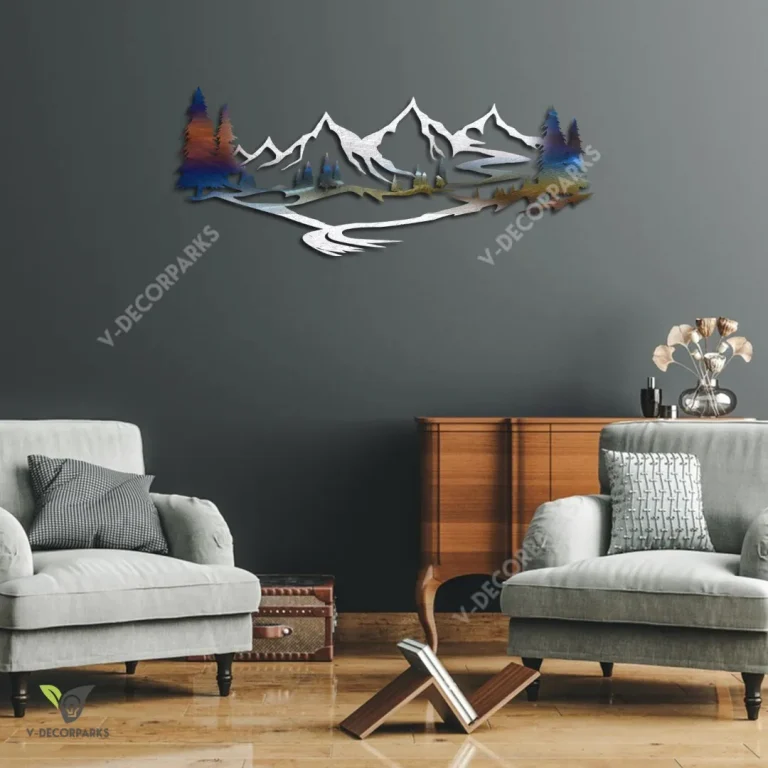 Heat Coloring Steel Mountain Scene Metal Wall Decor, Mountain Cut Artwork For Lodge