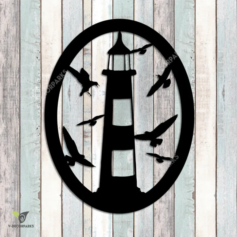 Lighthouse And Gulls Metal Sign, Lighthouse And Seagulls Evergreen Decor