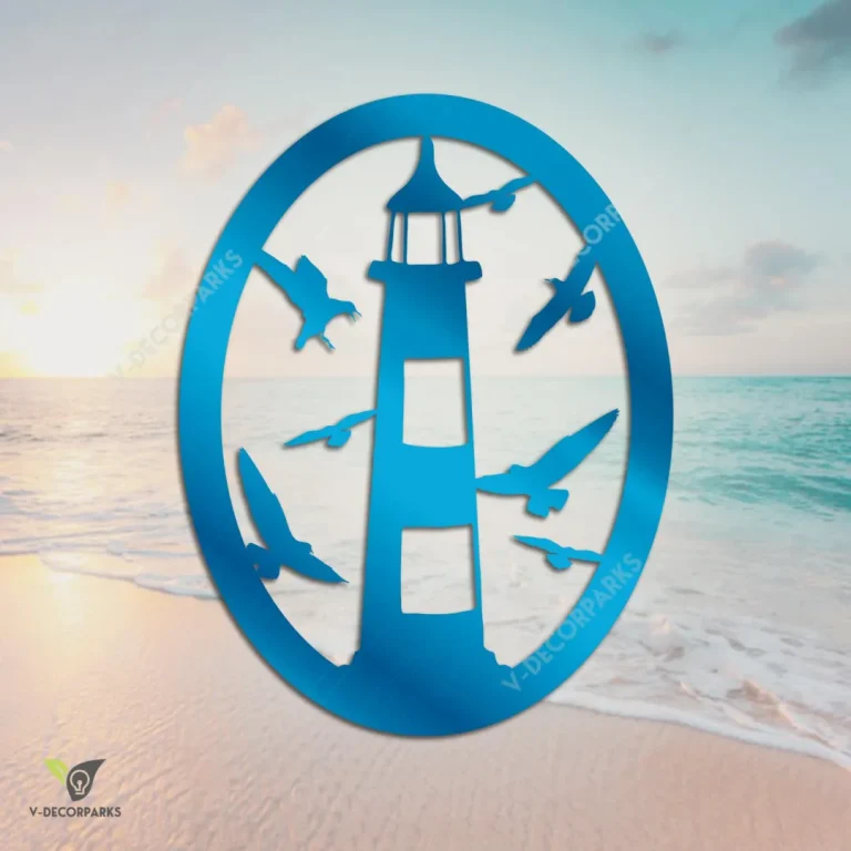 Lighthouse And Gulls Metal Sign, Lighthouse And Seagulls Evergreen Decor