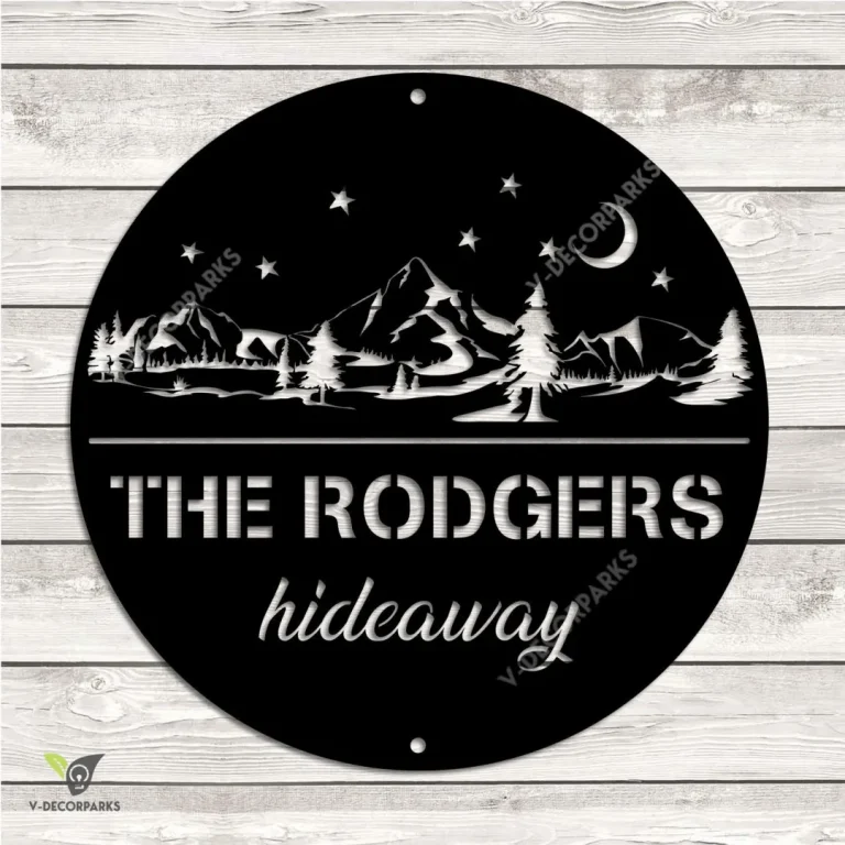 Personalized Mountainous Night Scene Cabin Metal Sign, Hideaway Resort, Lodge Rust Resistant Plaque