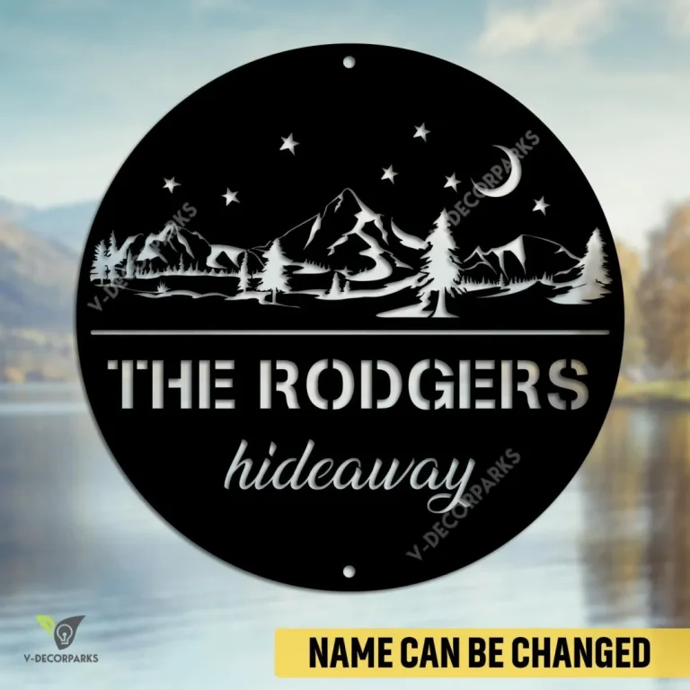 Personalized Mountainous Night Scene Cabin Metal Sign, Hideaway Resort, Lodge Rust Resistant Plaque