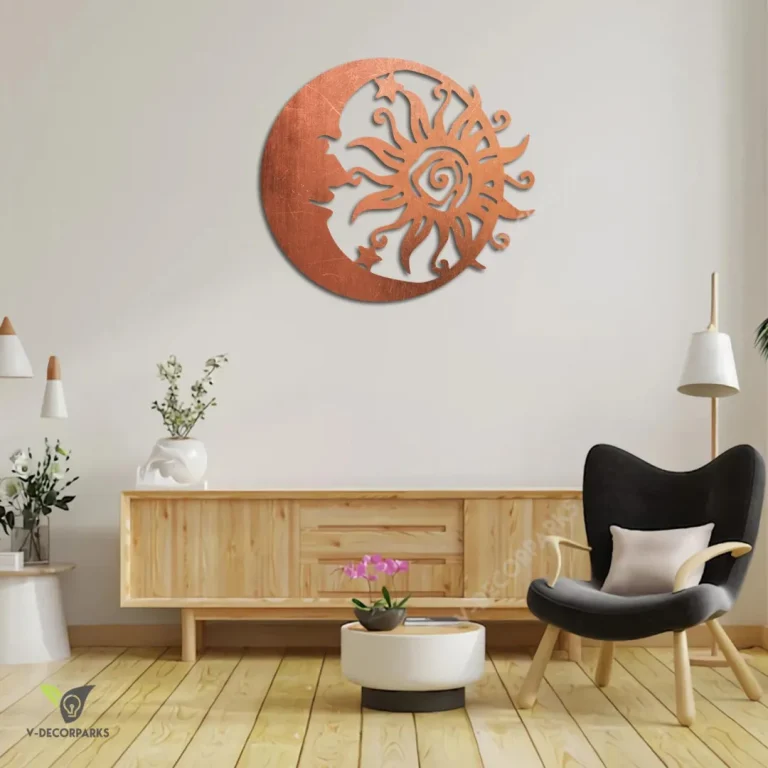 Copper Wacky Sun And Moon Metal Wall Art, Solar And Lunar Celestial Steel Plaque