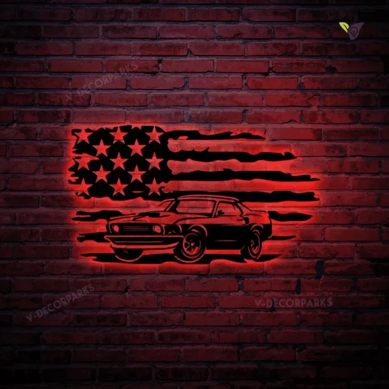 American Flag Muscle Car Antique Old Classic Retro Metal Sign With Colorful Led Light, Transport Automobile Auto Wall Art