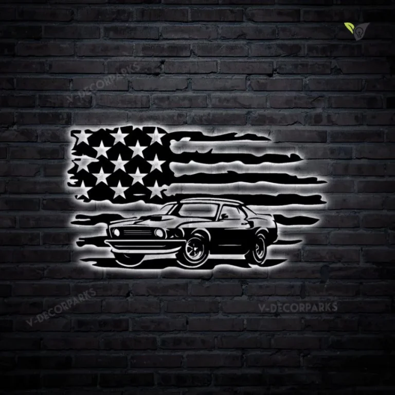 American Flag Muscle Car Antique Old Classic Retro Metal Sign With Colorful Led Light, Transport Automobile Auto Wall Art