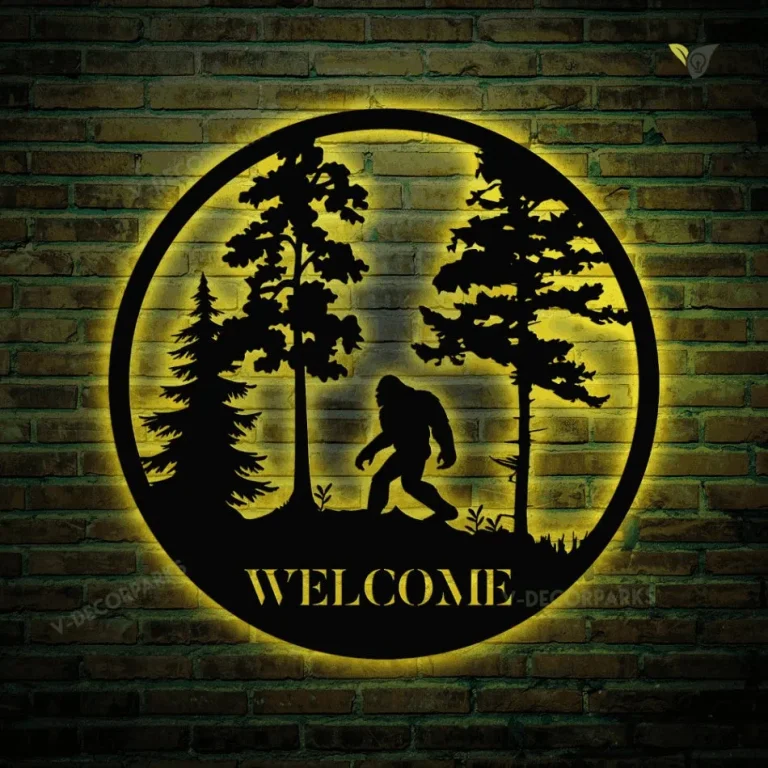 Custom Bigfoot Sasquatch Camping & Family Welcome Metal Sign With Colorful Led Light, Bigfoot Wall Decor