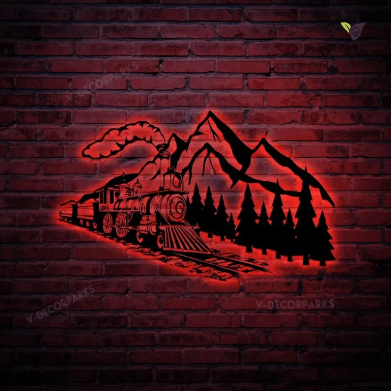 Train On Mountain Metal Sign With Colorful Led Light, Train Express Wall Decor, Train Metal Art For Living Room, Cabin Sign