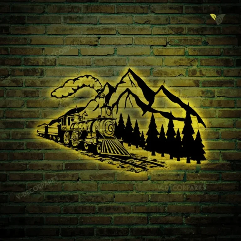 Train On Mountain Metal Sign With Colorful Led Light, Train Express Wall Decor, Train Metal Art For Living Room, Cabin Sign