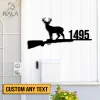 Personalized Home Address Deer And Gun Metal Art, Custom Deer Hunting Wall Decor, Wild Animal Metal Wall Hanging For Front Door