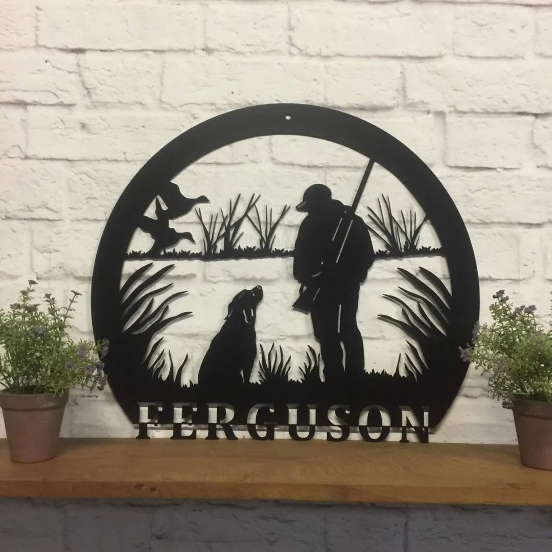 42204367_711656489196593_8432350888995061760_n_1200x1200_1b8fc676-e02e-4dc1-a9a2-e1d4534773a3.webp Personalized Duck Hunter & Lab Sign, Cut Metal Sign, Metal Wall Art, Metal House Sign
