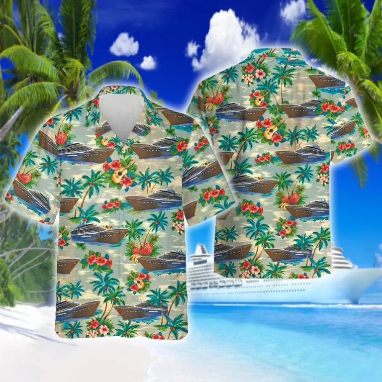 Ship Hawaiian Shirt For Men Women, Cruise Boat Summer Beach Shirt, Cruise Ship Aloha Shirts, Tropical Pattern Button Down Short Sleeve Hawaiian Shirt