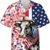 Tropical American Cow Button Down Hawaiian Shirts, Hibiscus Flower Hawaiian Shirt, Patriotic Cow Shirt, Vintage Hawaii Beach Shirt, Summer Aloha Shirt
