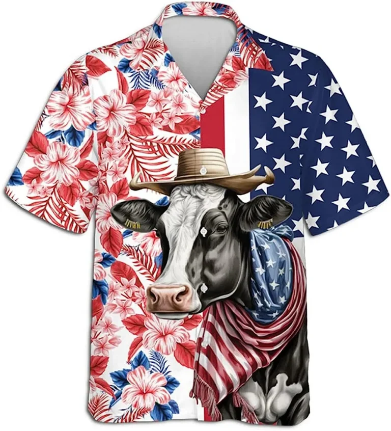 Tropical American Cow Button Down Hawaiian Shirts, Hibiscus Flower Hawaiian Shirt, Patriotic Cow Shirt, Vintage Hawaii Beach Shirt, Summer Aloha Shirt