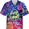Neon Light Happy Easter Hawaiian Shirt For Men Women, Hawaiian Button Down Shirts For Easter Day, Casual Printed Beach Summer Shirt