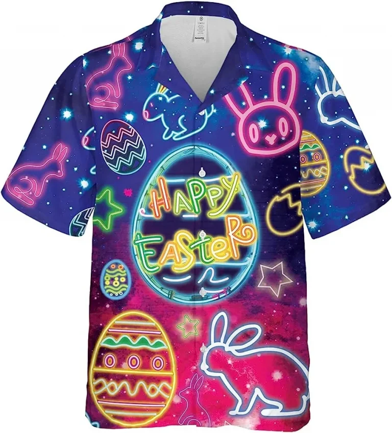 Neon Light Happy Easter Hawaiian Shirt For Men Women, Hawaiian Button Down Shirts For Easter Day, Casual Printed Beach Summer Shirt