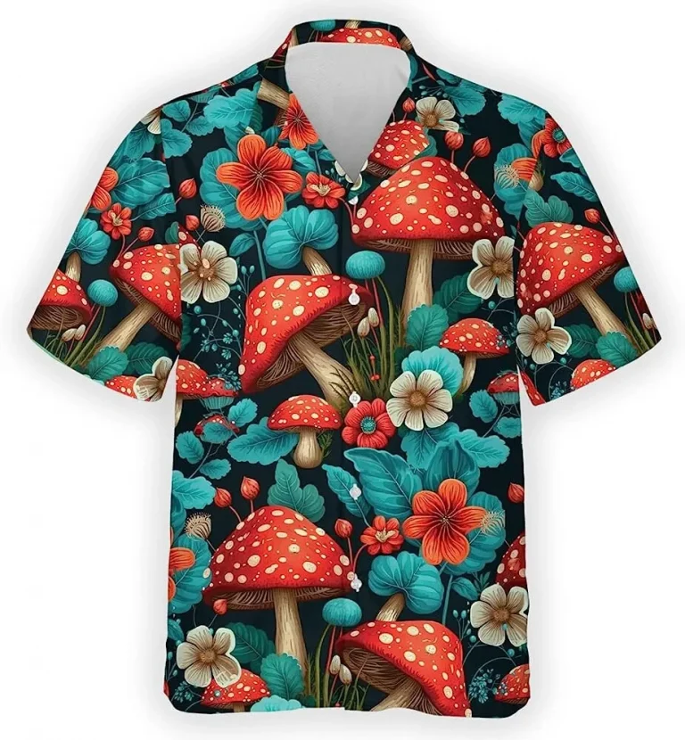 Mushroom And Flower Hawaiian Shirt, Mushroom Button Vintage Aloha Hawaii Shirt, Casual Printed Beach Summer Shirt, Family Aloha Shirt