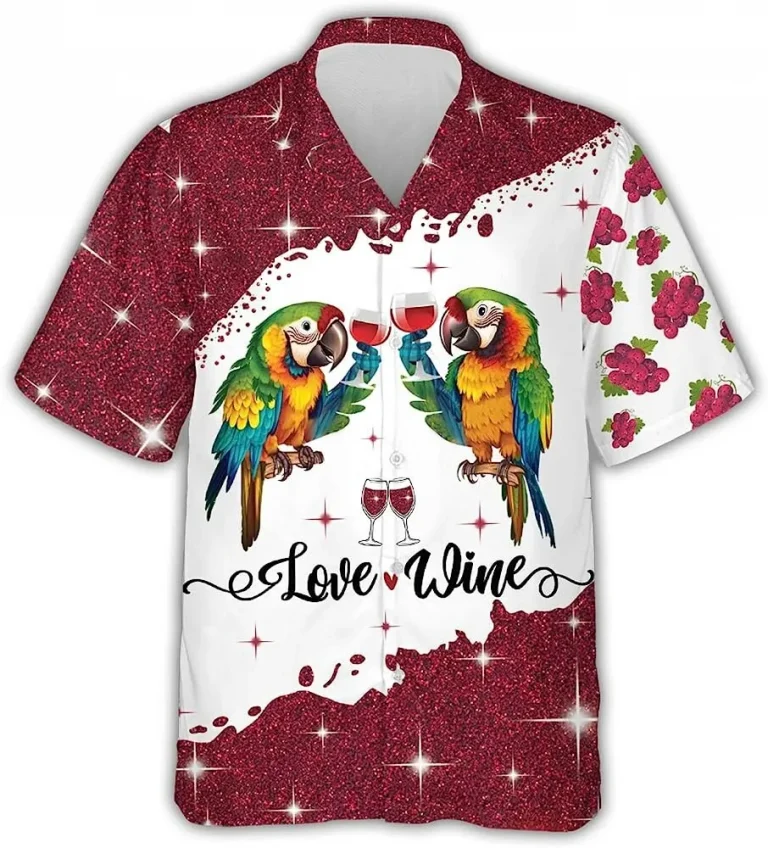 Funny Parrots Love Wine Glitter Hawaiian Shirt, Parrot Vintage Beach Shirt, Button Down Hawaiian Shirt, Aloha Vibes Beach Shirt, Summer Aloha Shirt