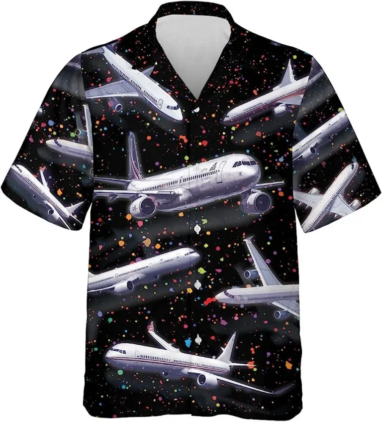 Vintage Airplane Button Down Hawaiian Shirt For Men, Airplane Short Sleeve Hawaiian Shirt, Casual Printed Beach Summer Shirt, Pilots Aloha Shirt